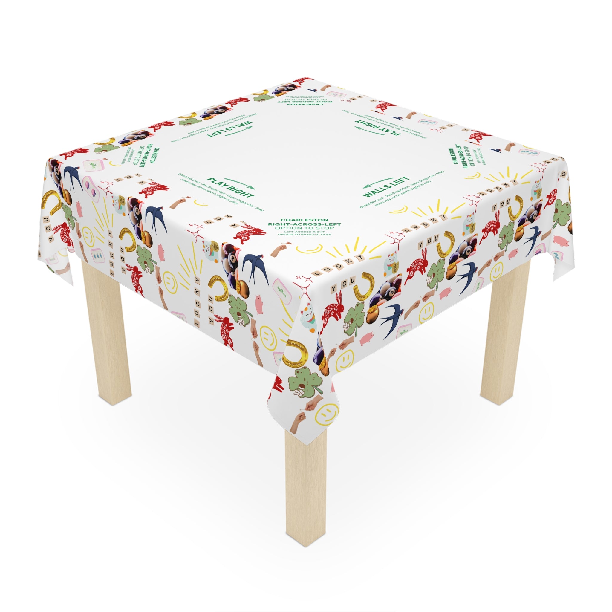 Lucky You Mahjong Game Night Tablecloth, Hostess Gift,  Beginners Rules, Instructions, 55x55, Cat, Horseshoe, Four Leaf Clover, Wishbone