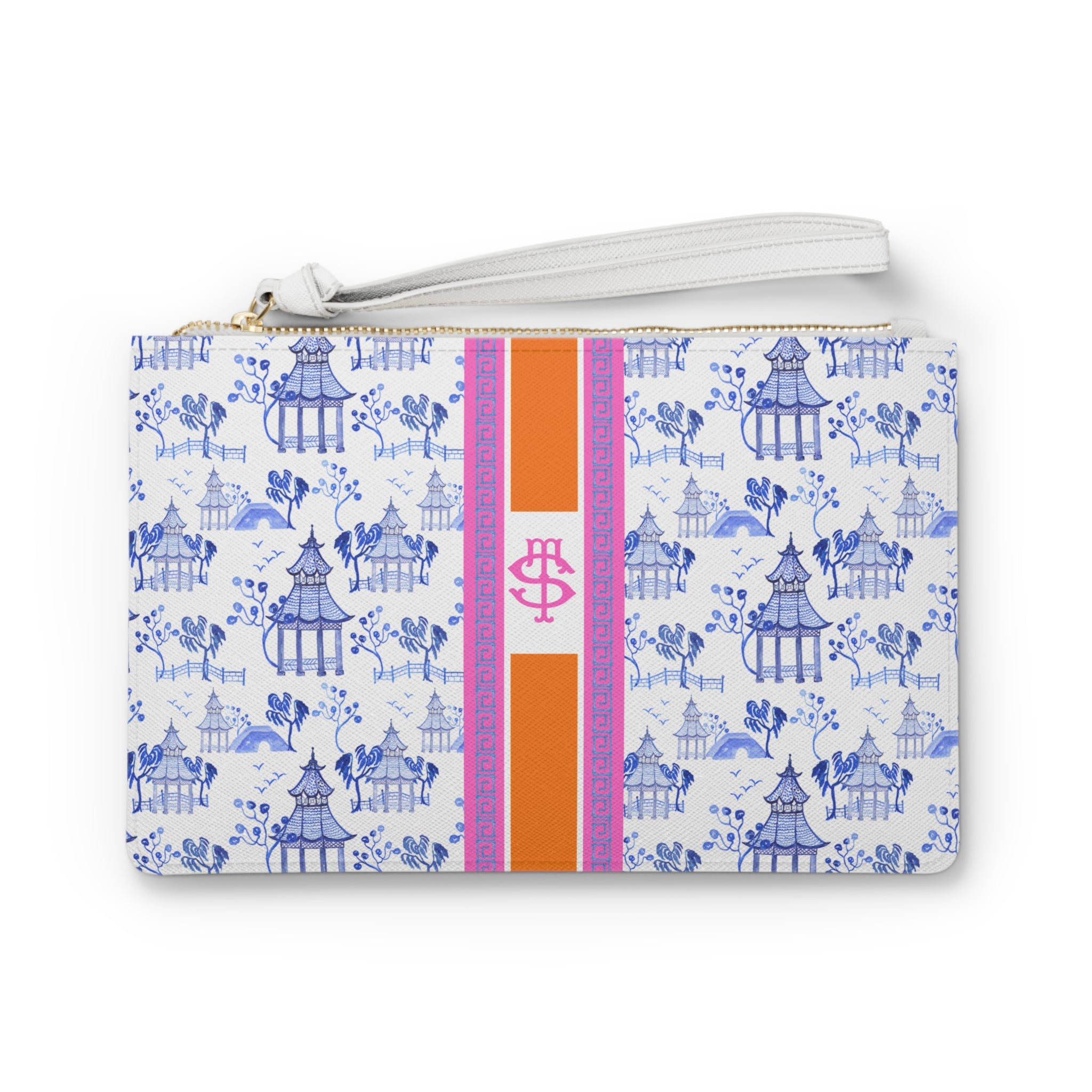 Personalized Mahjong Card Clutch: Chinoiserie Faux Leather Maj Pouch, Blue Pagoda