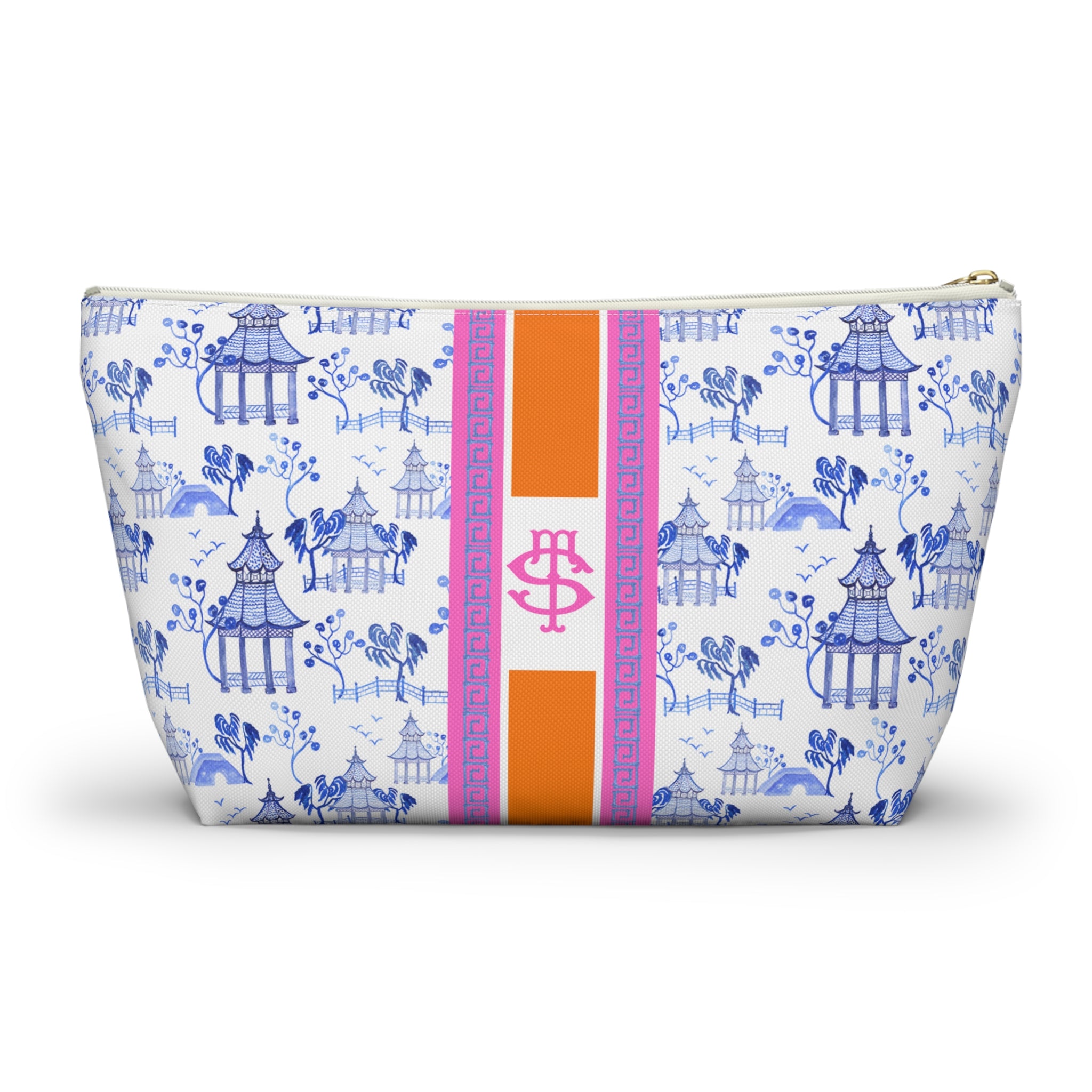 Monogrammed Mahjong Tile Bag: Chinoiserie Travel Pouch, Blue Pagoda, Orange, Small and Large