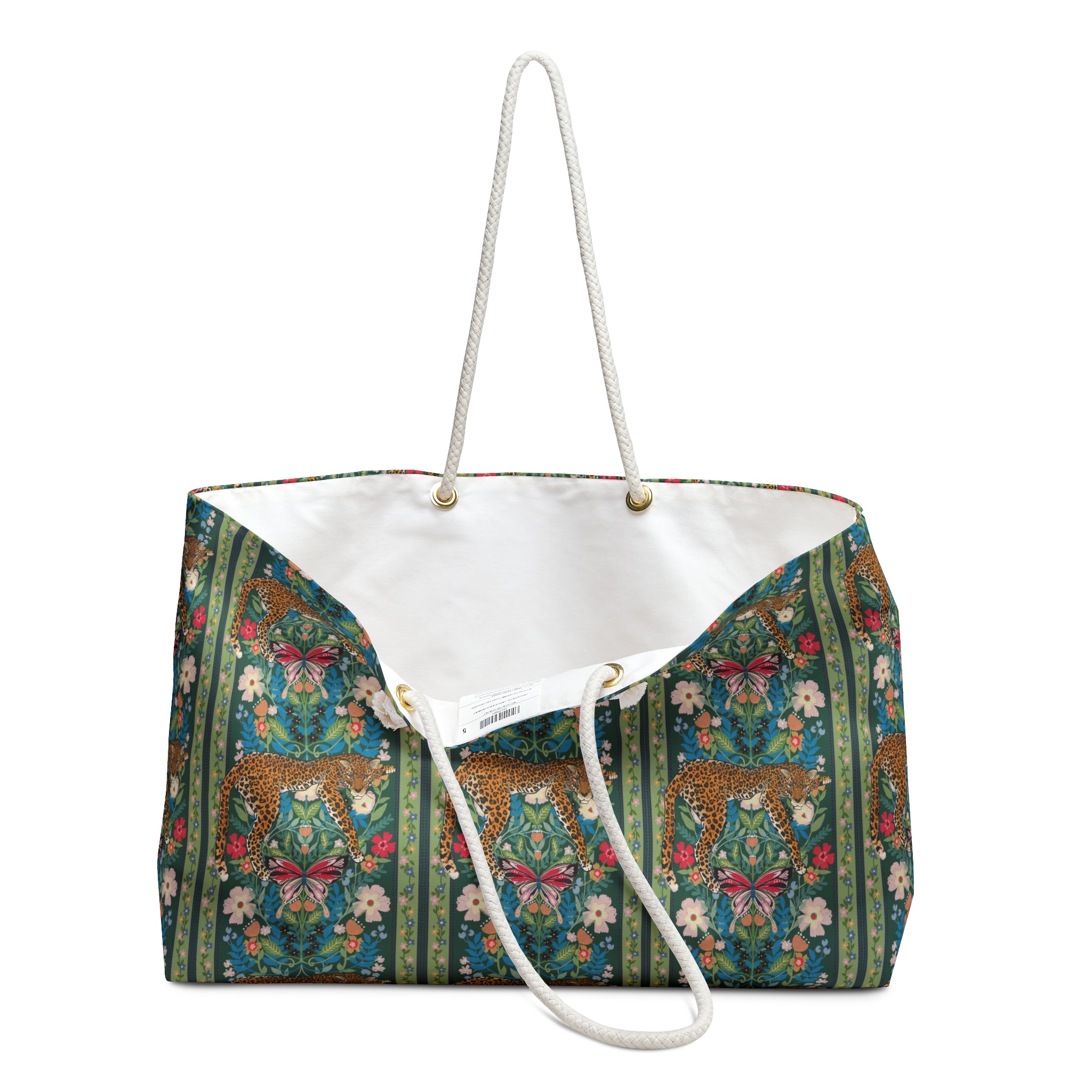 Leopard Beach Bag, Exotic Green Floral Vine Travel Tote Great for Overnight, Tropical Vacation Shoulder Bag