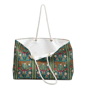 Leopard Beach Bag, Exotic Green Floral Vine Travel Tote Great for Overnight, Tropical Vacation Shoulder Bag