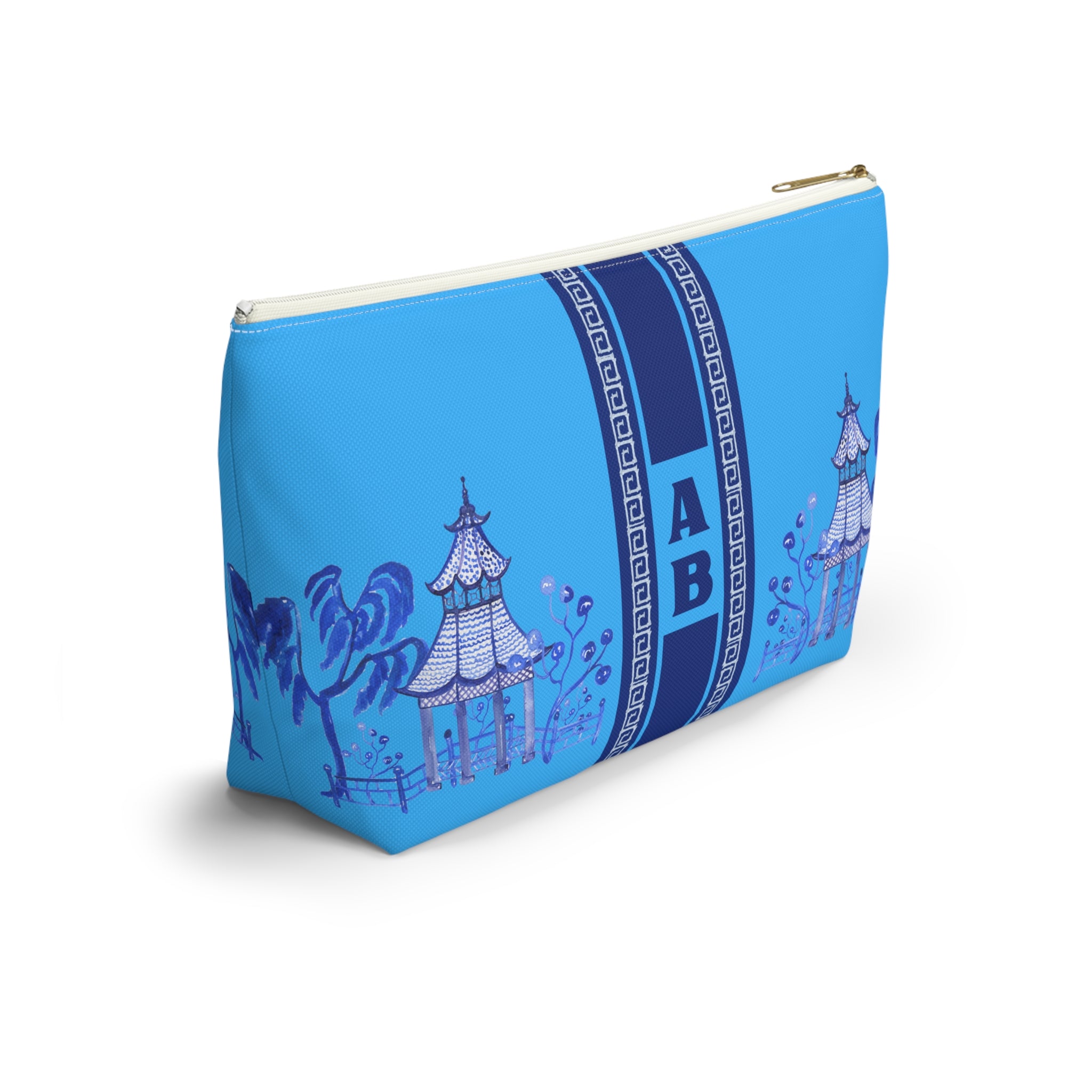 Monogrammed Blue Pagoda Mahjong Tile Bag: Chinoiserie Travel Pouch, Small and Large