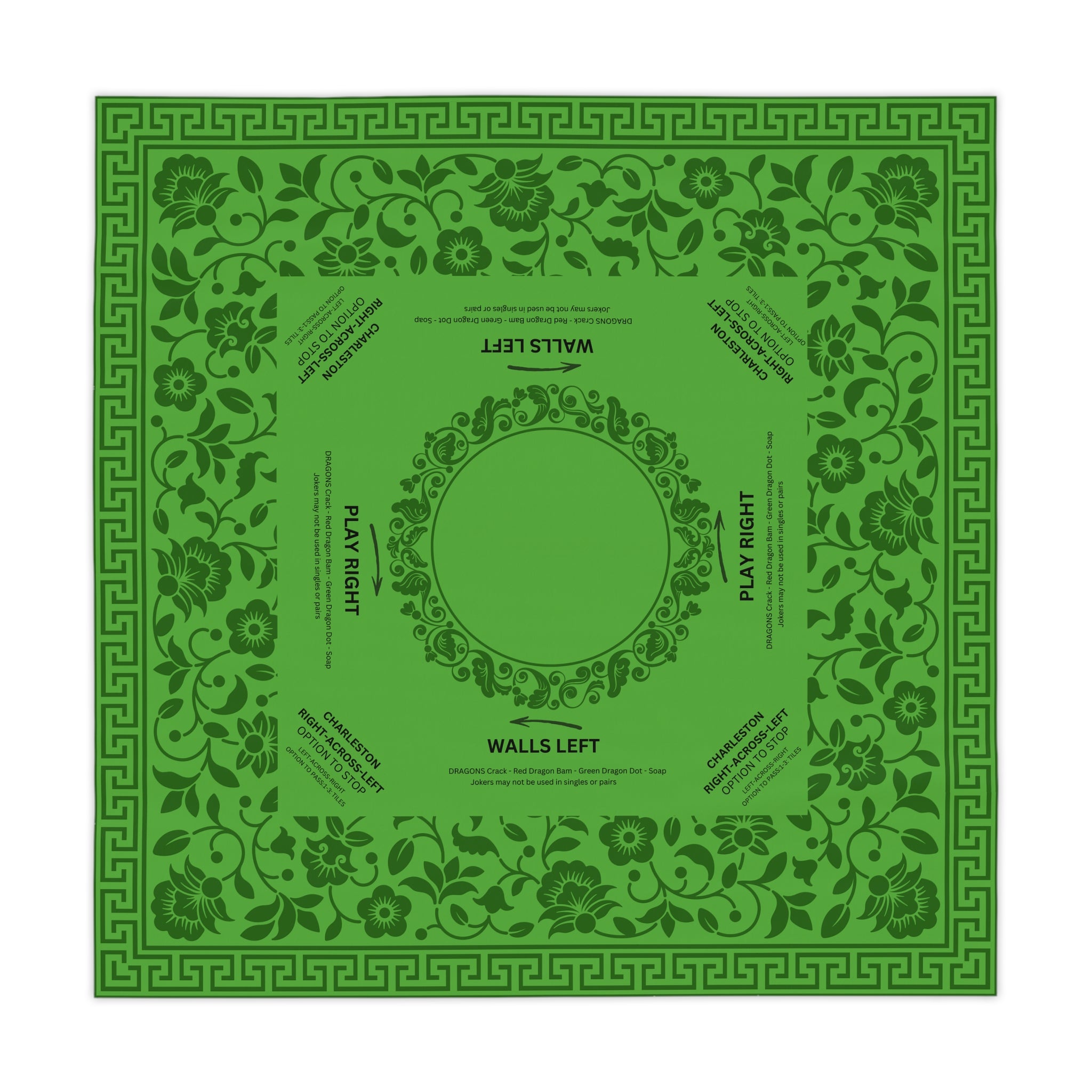 Green Floral MAHJONG Tablecloth, Instructions, Size 55 x 55, With Rules for Beginners, Saint Patrick's Day