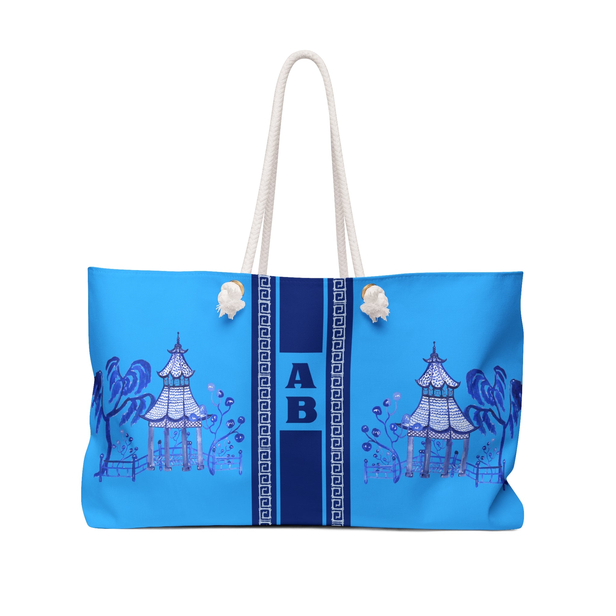 Monogrammed Blue Pagoda Chinoiserie Mahjong Tote Bag, Personalized Mahjong Gift, Maj Carry-All Travel Duffel