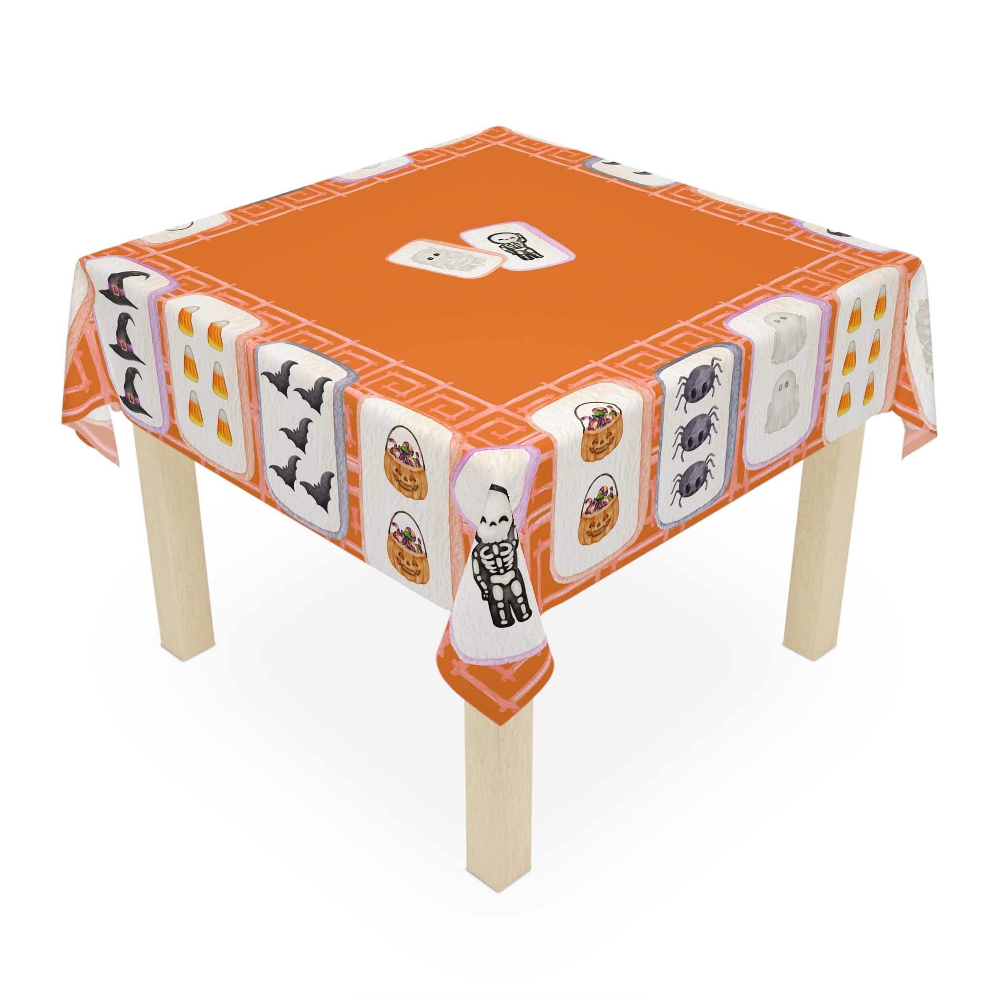Halloween MAHJONG Tiles Tablecloth, 55 x 55, Hostess Gift, Bat, Pumpkin, Mummy, Skeleton, Ghost, Spider, Witch Hat, Handpainted Tiles