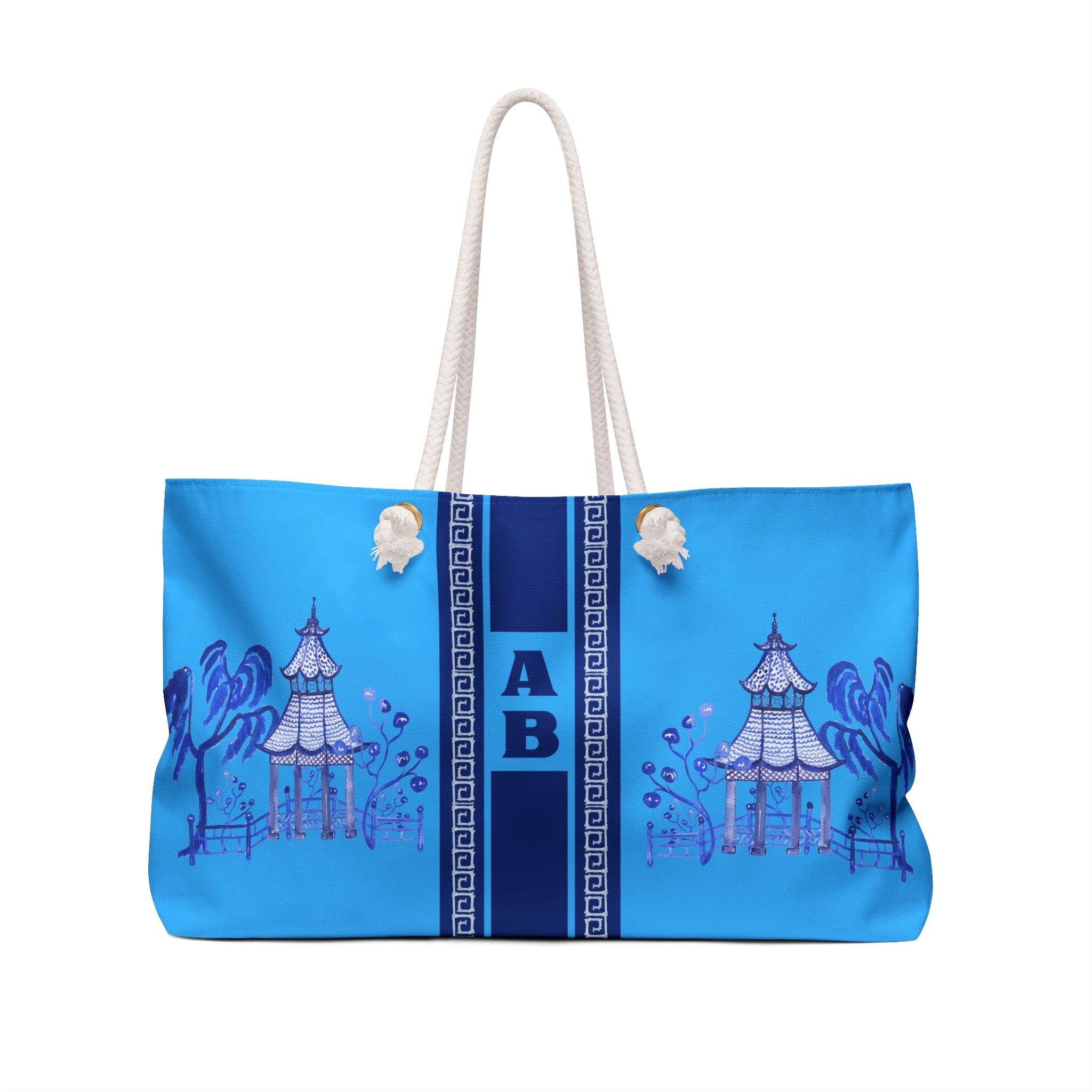 Monogrammed Blue Pagoda Chinoiserie Mahjong Tote Bag, Personalized Mahjong Gift, Maj Carry-All Travel Duffel
