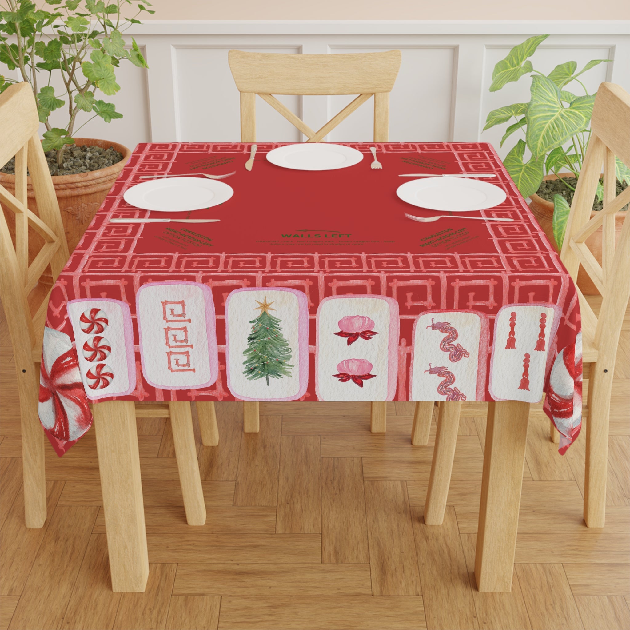 Christmas MAHJONG Tile Tablecloth, Charleston Rules, Size 55 x 55, Instructions Beginners Christmas Tree Peppermint Candy, Hostess Gift