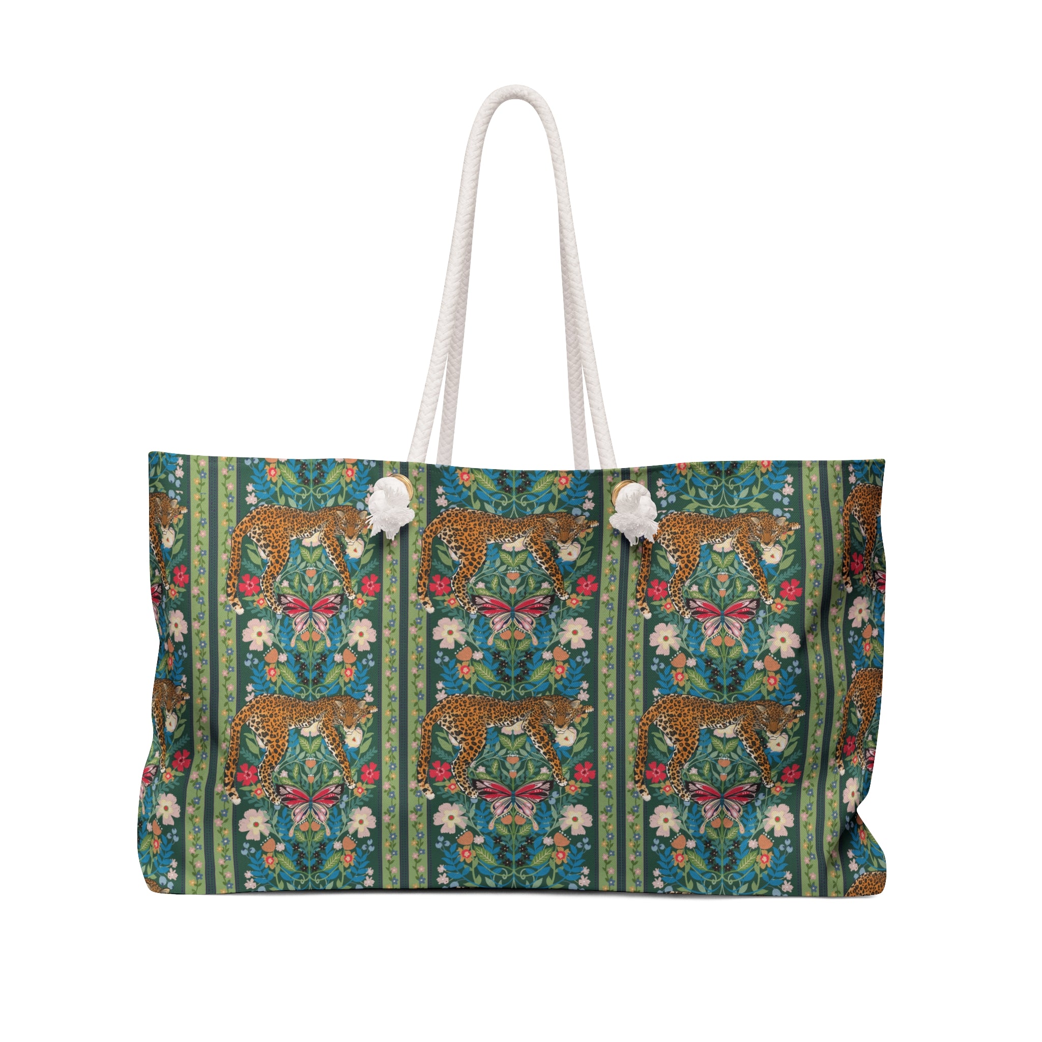 Leopard Beach Bag, Exotic Green Floral Vine Travel Tote Great for Overnight, Tropical Vacation Shoulder Bag