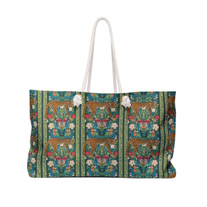 Leopard Beach Bag, Exotic Green Floral Vine Travel Tote Great for Overnight, Tropical Vacation Shoulder Bag
