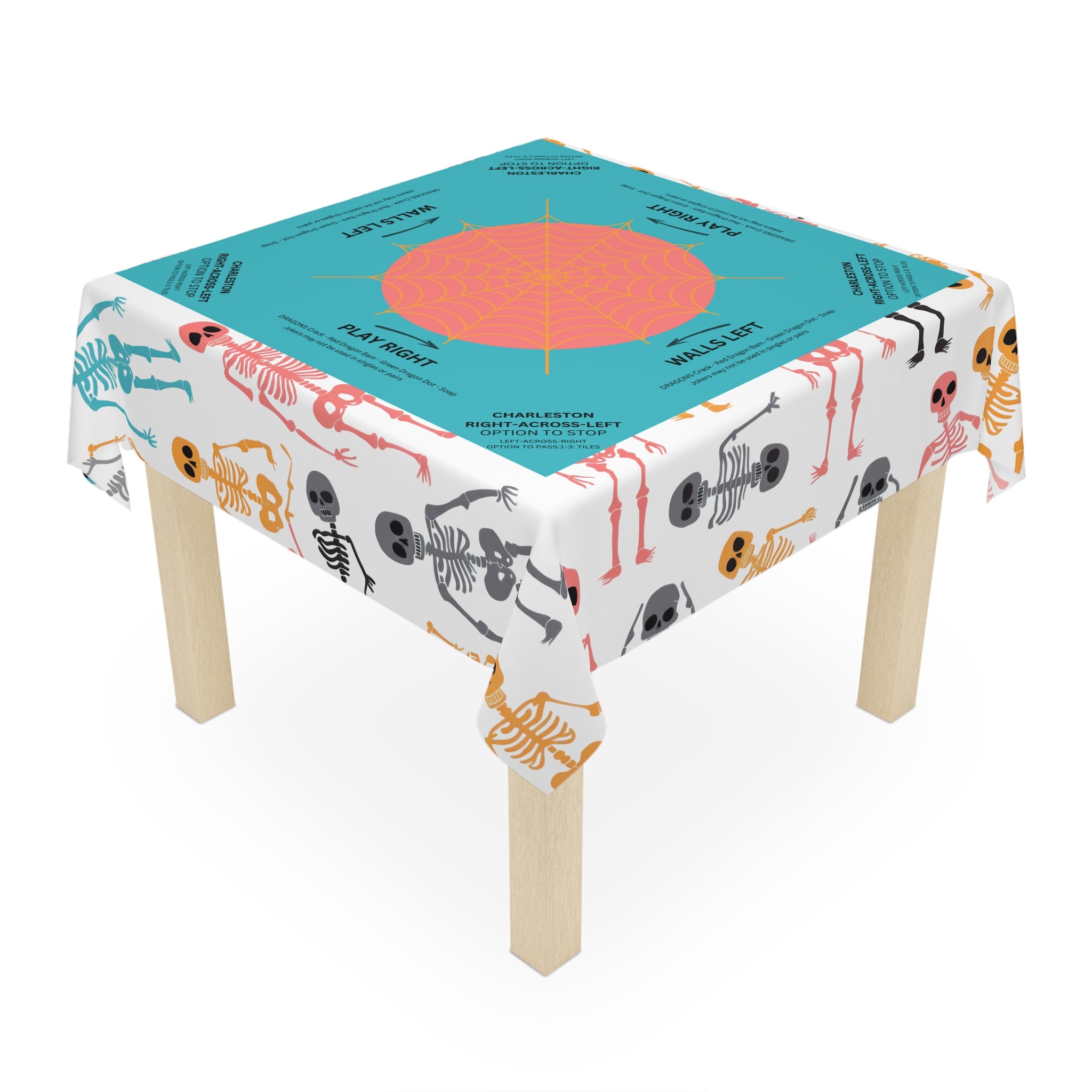 Halloween MAHJONG Tablecloth Skeletons, Charleston Rules, Size 55 x 55, Hostess Gift, Teal, Orange, Spider Web, Instructions for Beginners