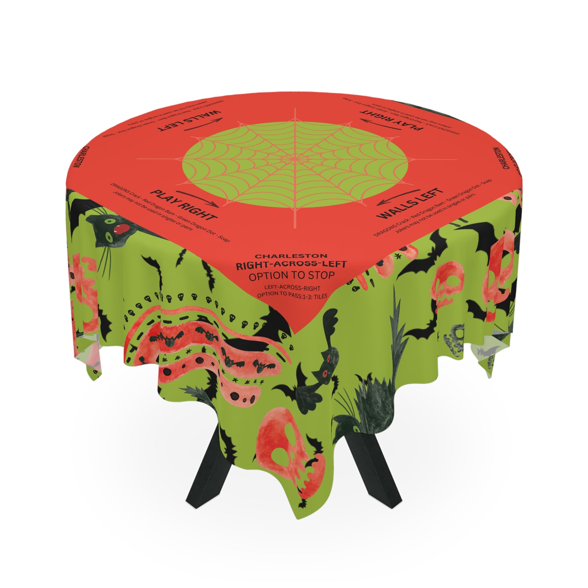 Halloween MAHJONG Tablecloth Black Cat, Charleston Rules, Size 55 x 55, Hostess Gift, Bats, Skulls, Green Orange, Instructions for Beginners