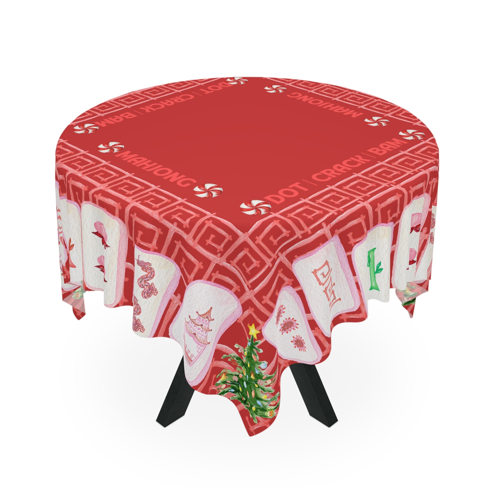 Christmas MAHJONG Tile Tablecloth, Size 55 x 55, Christmas Tree Peppermint Candy, Hostess Gift, Mahj Prize, Red Bamboo Table Cover
