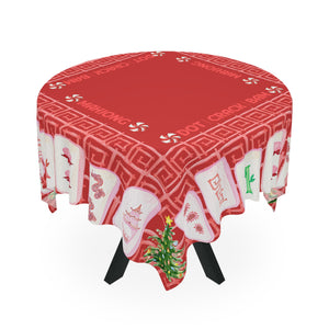 Christmas MAHJONG Tile Tablecloth, Size 55 x 55, Christmas Tree Peppermint Candy, Hostess Gift, Mahj Prize, Red Bamboo Table Cover