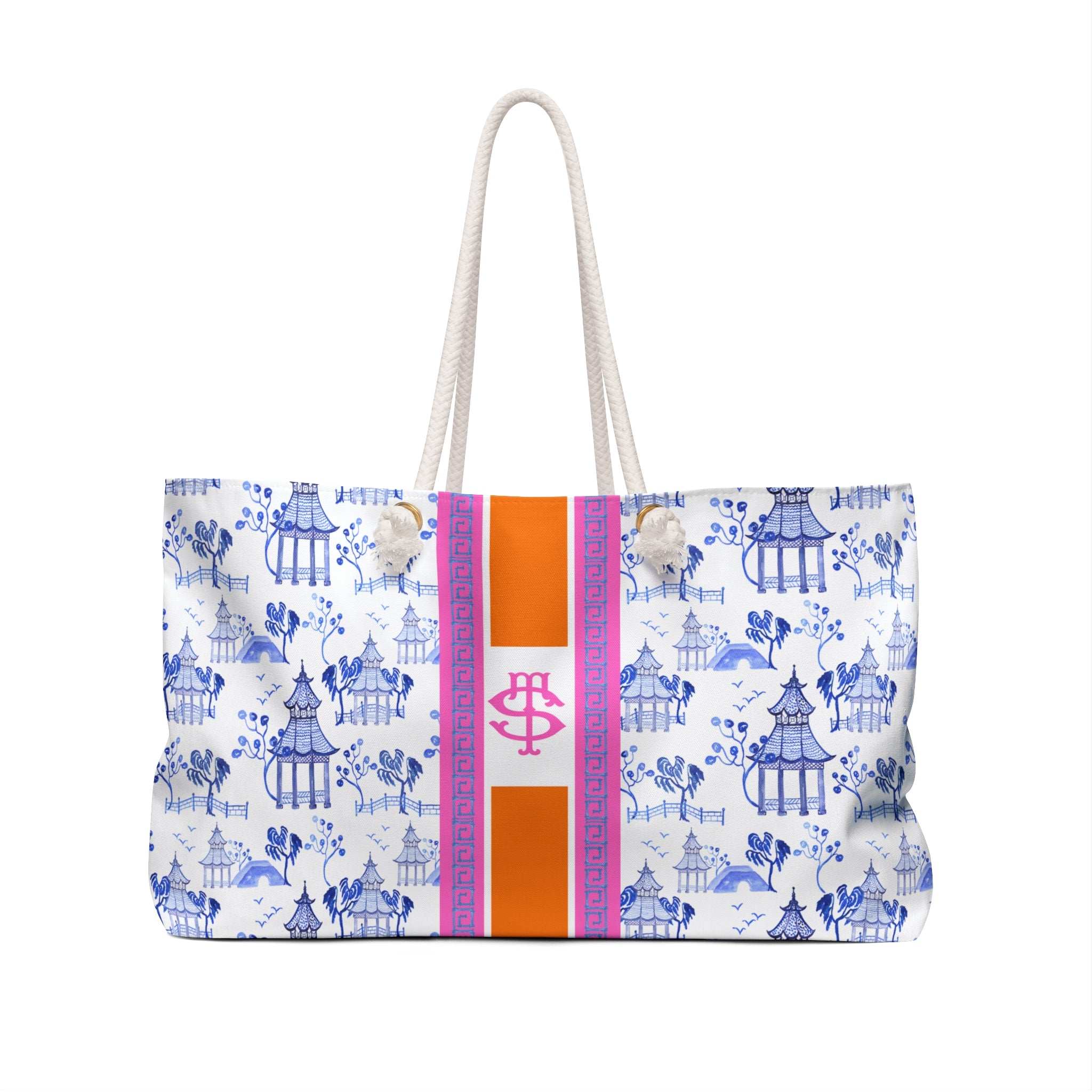 Monogrammed Chinoiserie Mahjong Tote Bag: Blue Pagoda Personalized Mahjong Gift, Maj Carry-All Travel Duffel