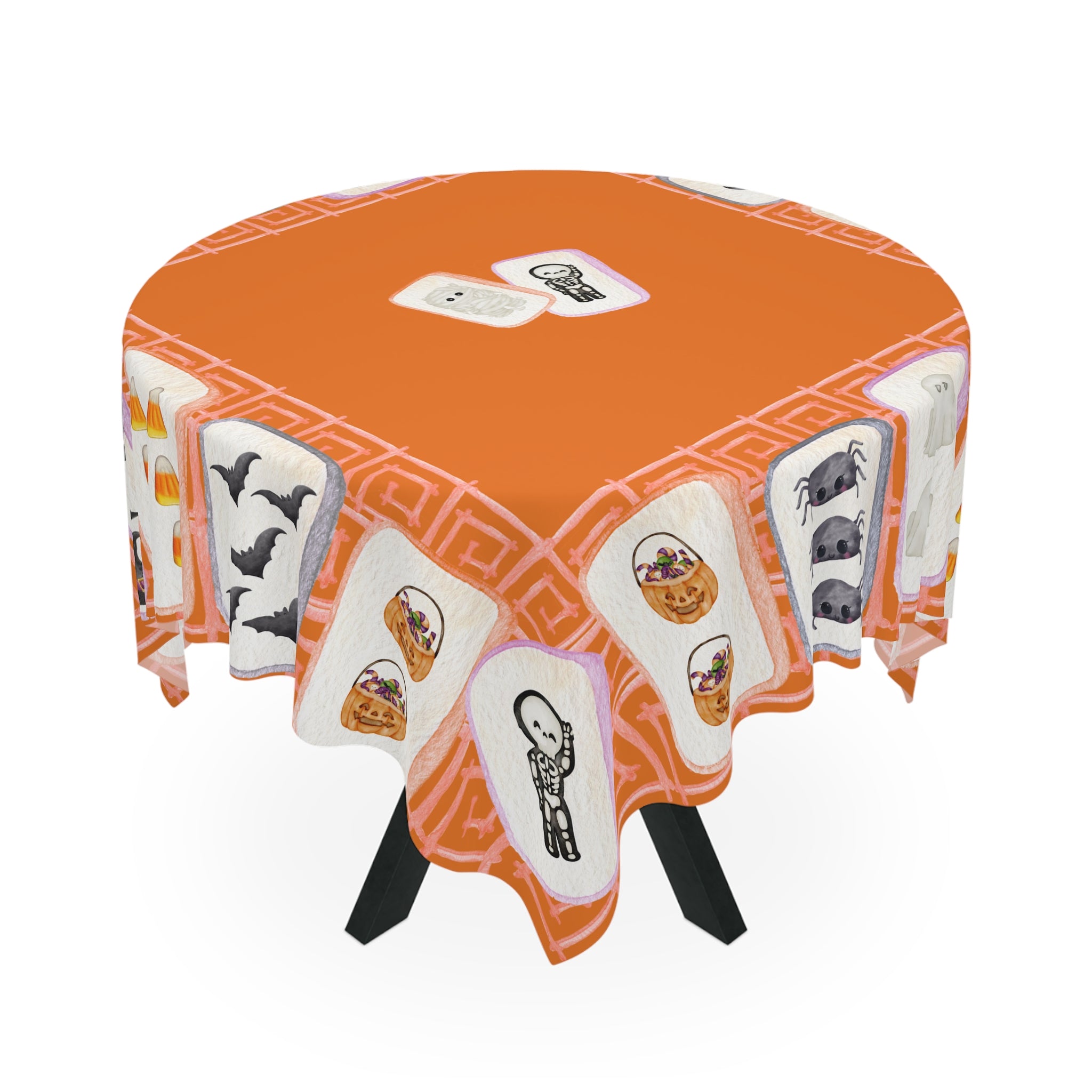 Halloween MAHJONG Tiles Tablecloth, 55 x 55, Hostess Gift, Bat, Pumpkin, Mummy, Skeleton, Ghost, Spider, Witch Hat, Handpainted Tiles