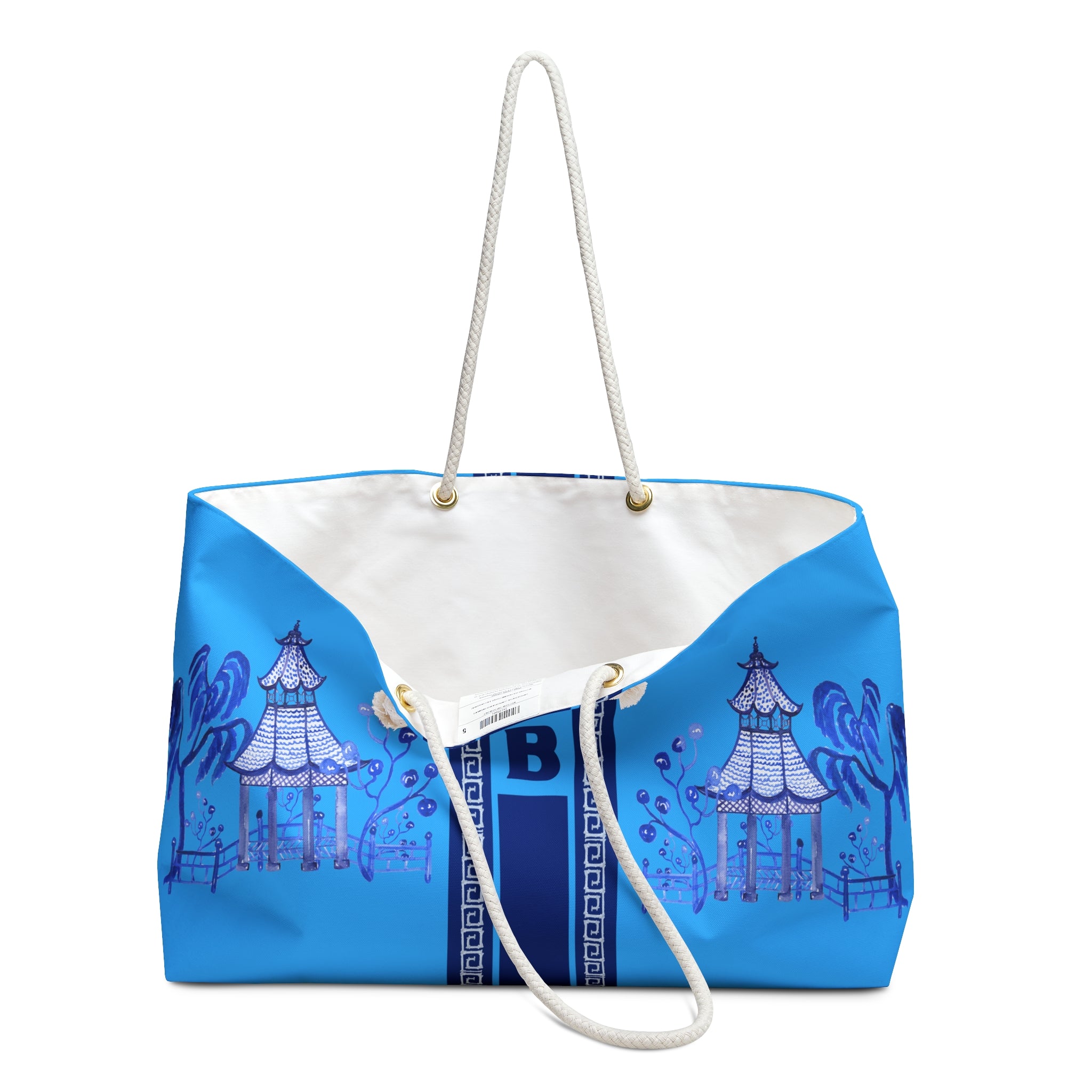 Monogrammed Blue Pagoda Chinoiserie Mahjong Tote Bag, Personalized Mahjong Gift, Maj Carry-All Travel Duffel
