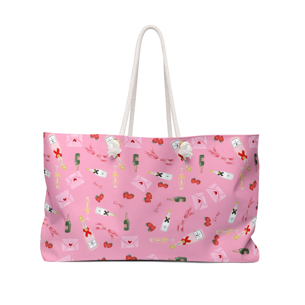 Pink Champagne Beach Bag, Large Weekender Shoulder Tote for Bachelorette, Bride, Teacher, Heart, Bow, Strawberry, Love Letter Design,