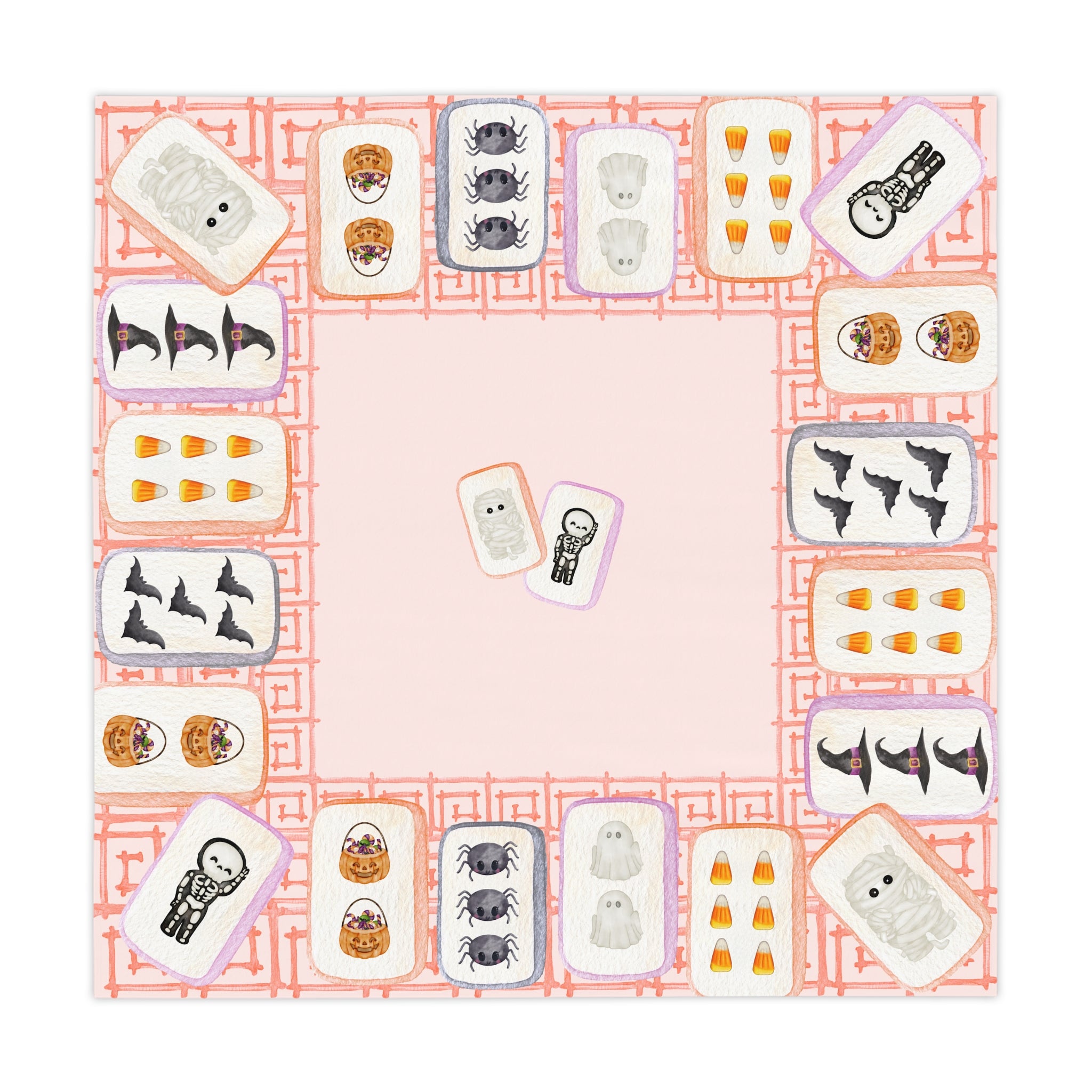 Halloween MAHJONG Tiles Tablecloth, 55 x 55, Hostess Gift, Bat, Pumpkin, Mummy, Skeleton, Ghost, Spider, Witch Hat, Handpainted Tiles