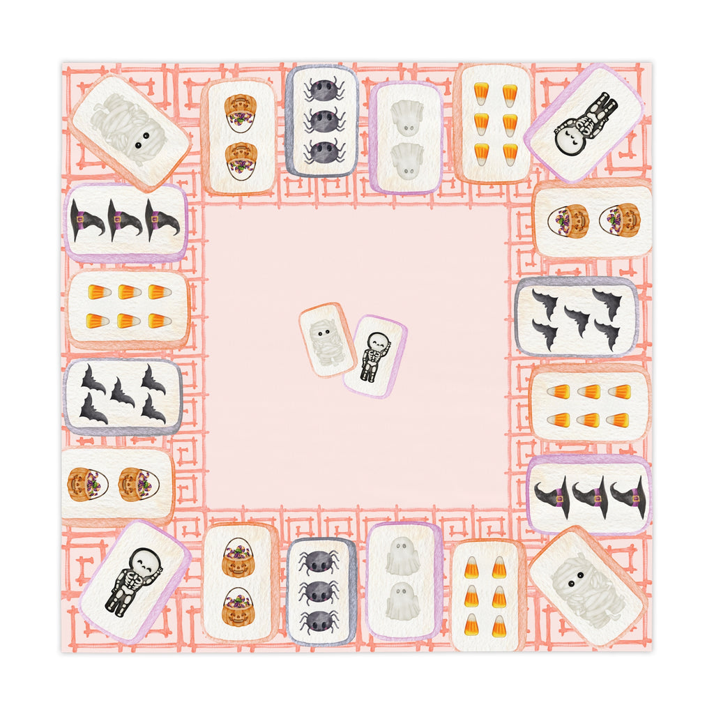 Halloween MAHJONG Tiles Tablecloth, 55 x 55, Hostess Gift, Bat, Pumpkin, Mummy, Skeleton, Ghost, Spider, Witch Hat, Handpainted Tiles