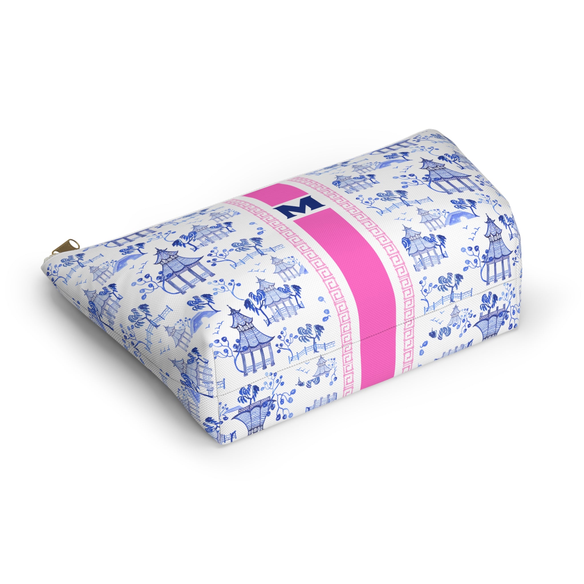 Monogrammed Mahjong Tile Bag: Chinoiserie Travel Pouch, Blue Pagoda, Small and Large
