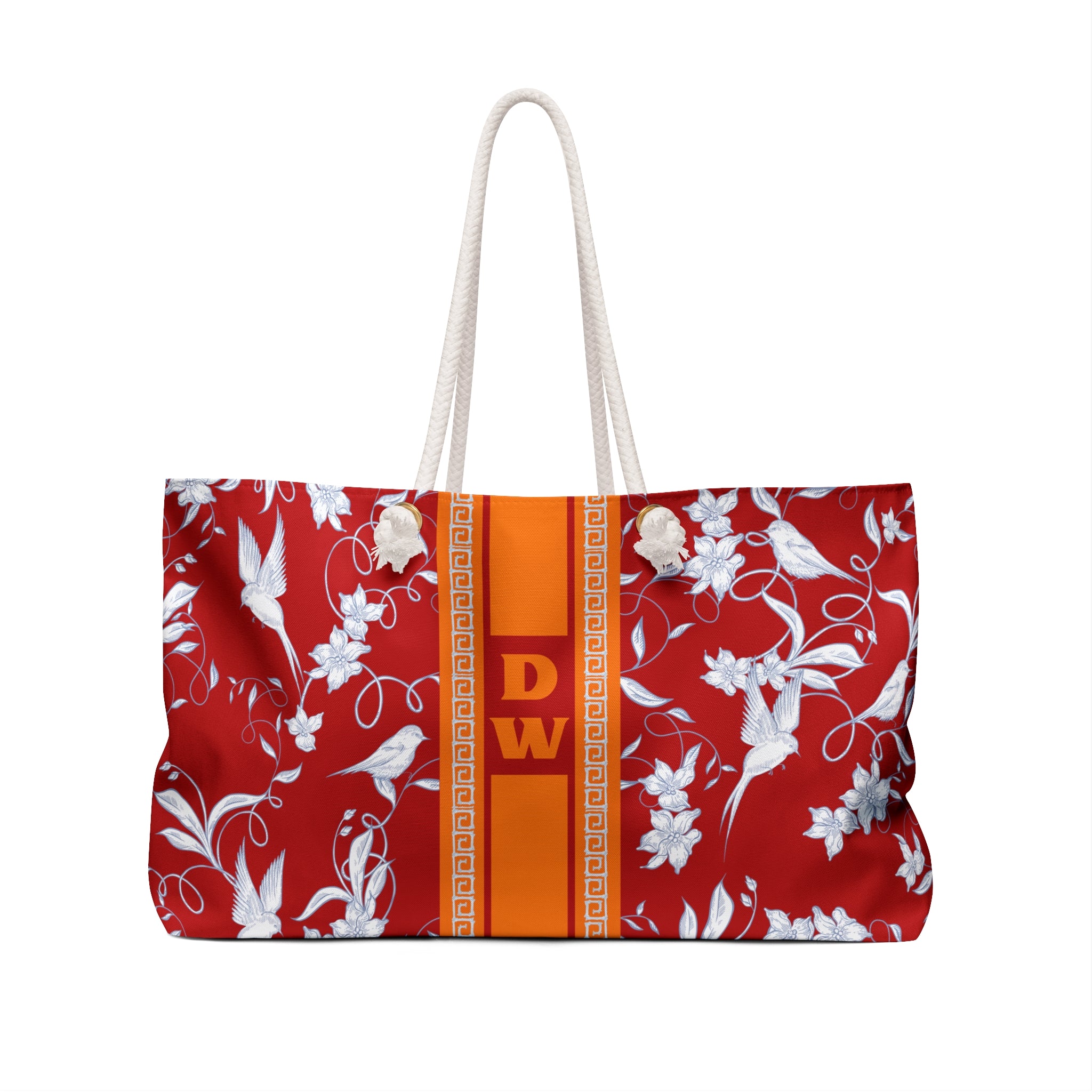 Monogrammed Chinoiserie Mahjong Tote Bag: Orange and Red Personalized Mahjong Gift, Maj Carry-All Travel Duffel