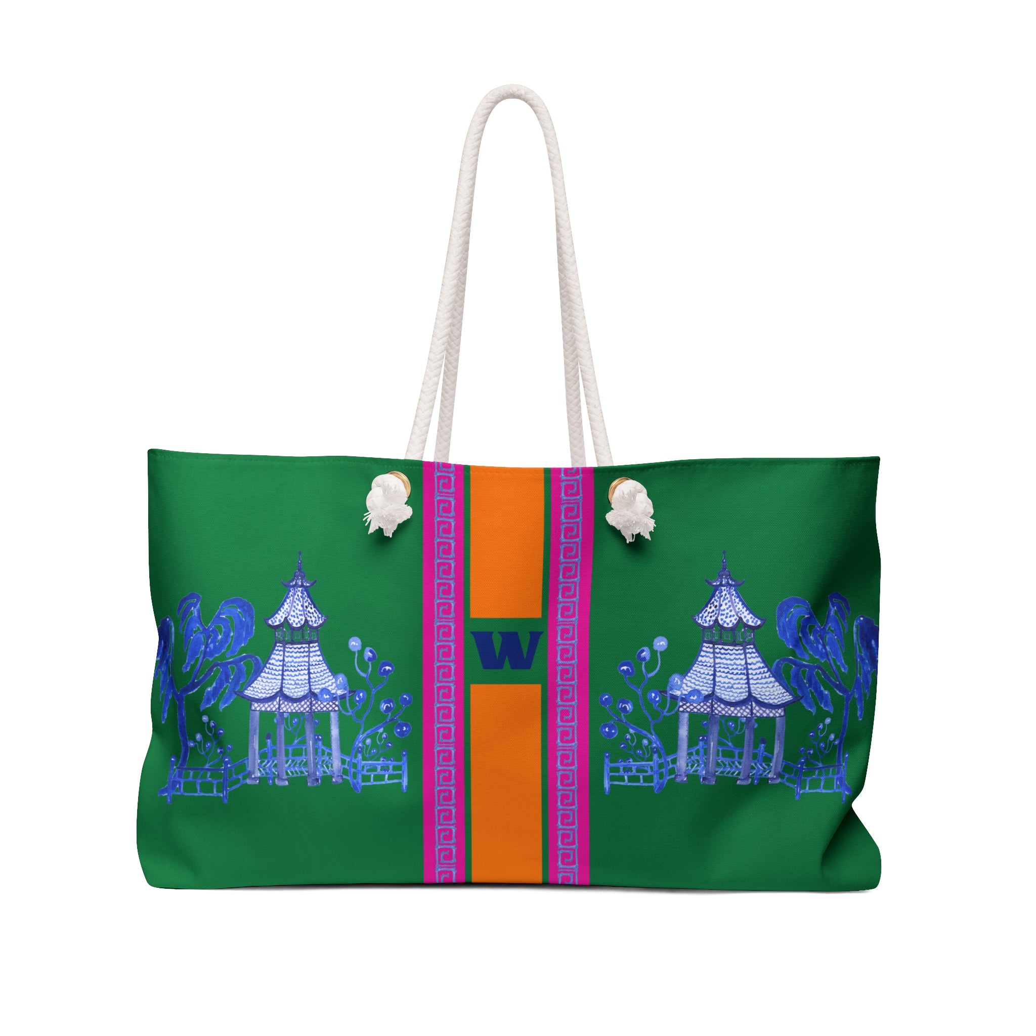 Monogrammed Blue Pagoda Green Chinoiserie Mahjong Tote Bag, Personalized Mahjong Gift, Maj Carry-All Travel Duffel
