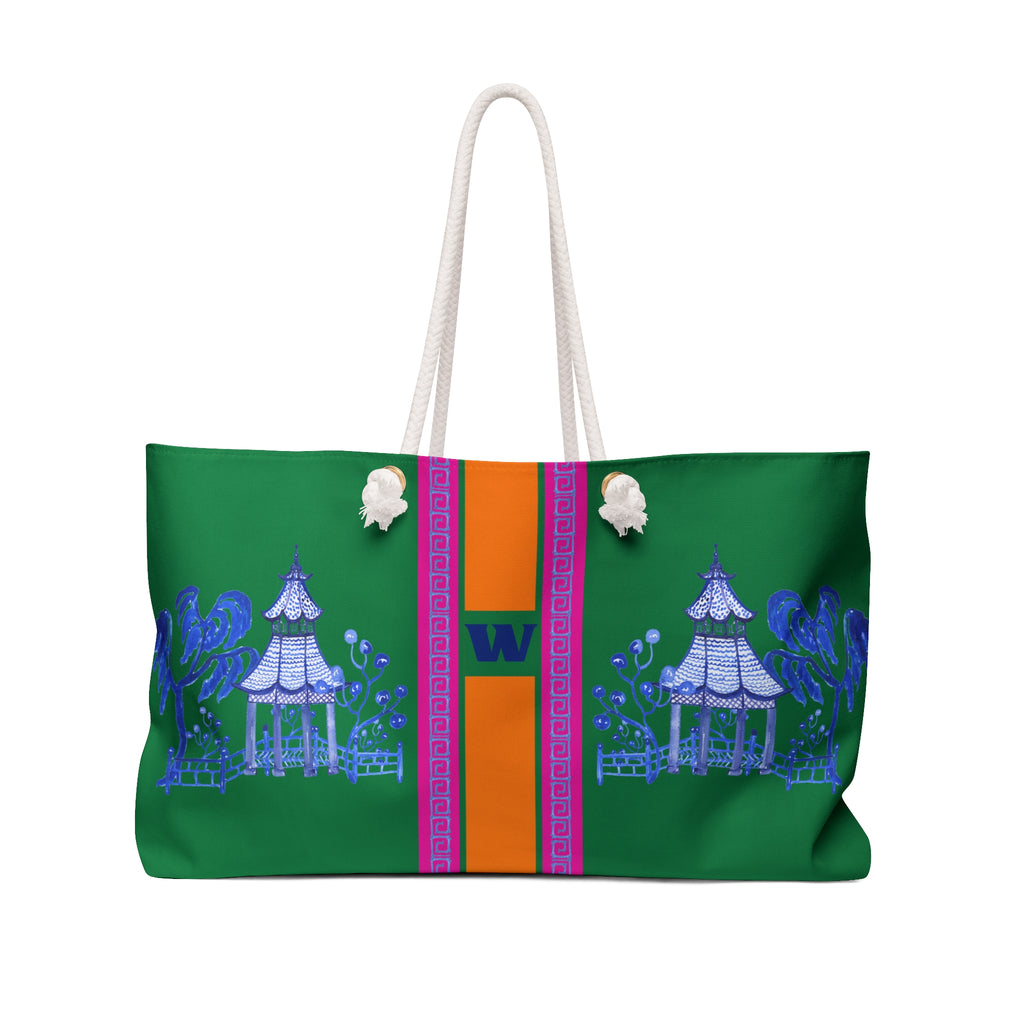 Monogrammed Blue Pagoda Green Chinoiserie Mahjong Tote Bag, Personalized Mahjong Gift, Maj Carry-All Travel Duffel
