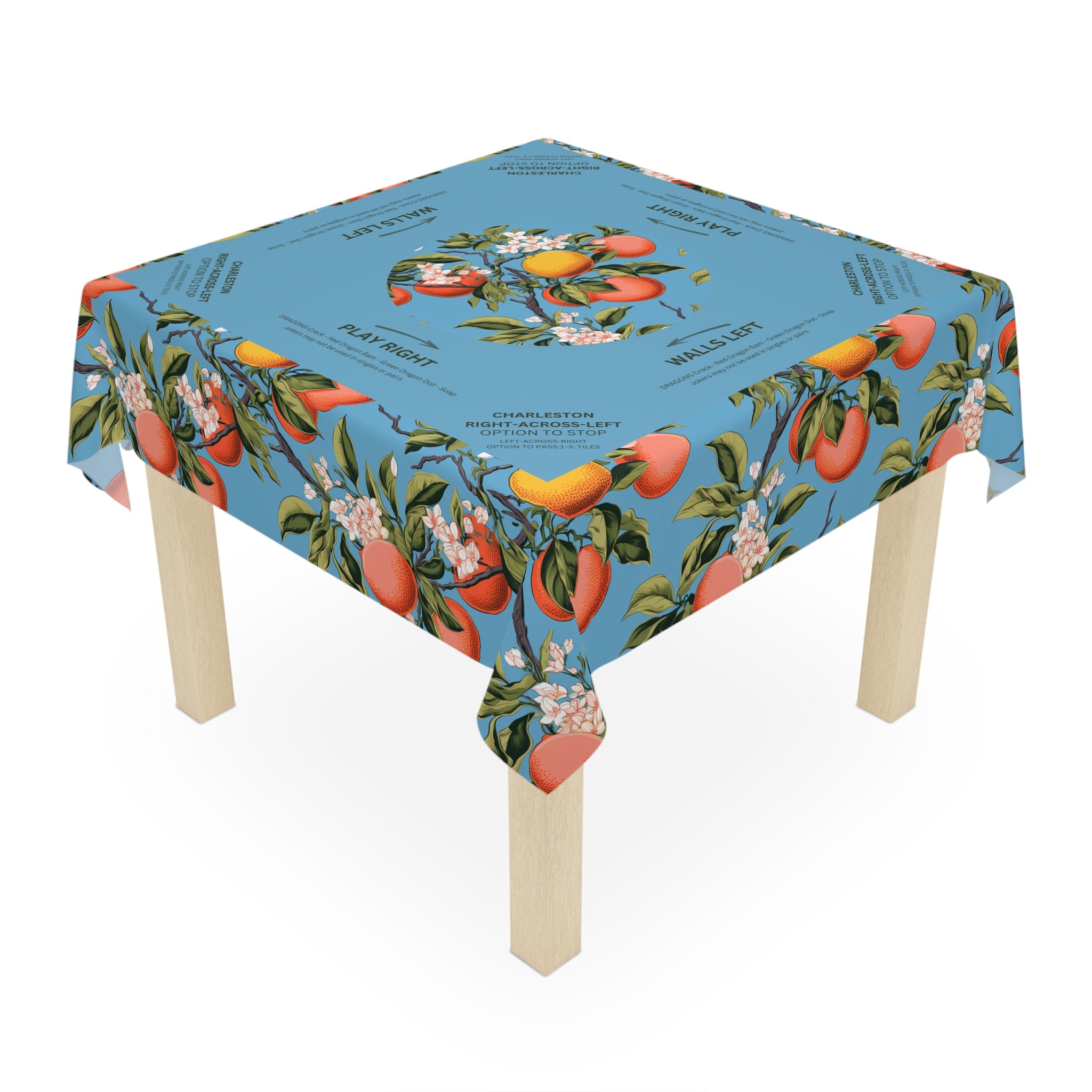 Mahjong Tablecloth, Orange Blossoms on Blue, Game Night, Chinoiserie Fruit, Summer in Italy, Hostess Gift, 55x55 Table Cover, Beginner