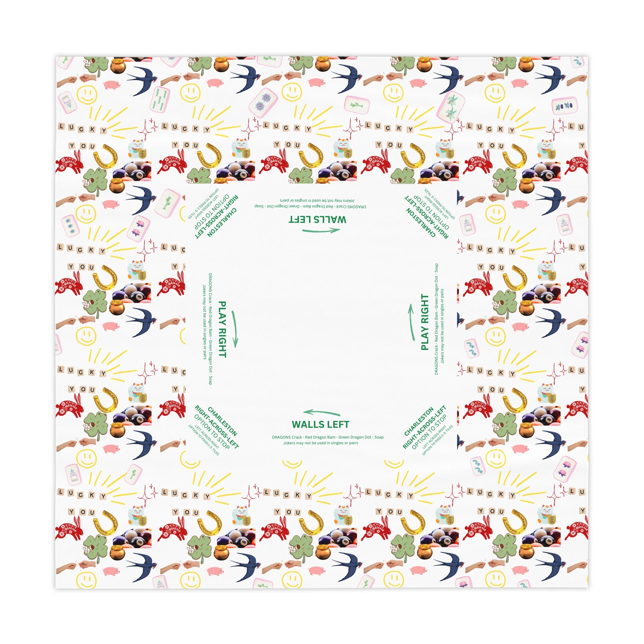 Lucky You Mahjong Game Night Tablecloth, Hostess Gift,  Beginners Rules, Instructions, 55x55, Cat, Horseshoe, Four Leaf Clover, Wishbone