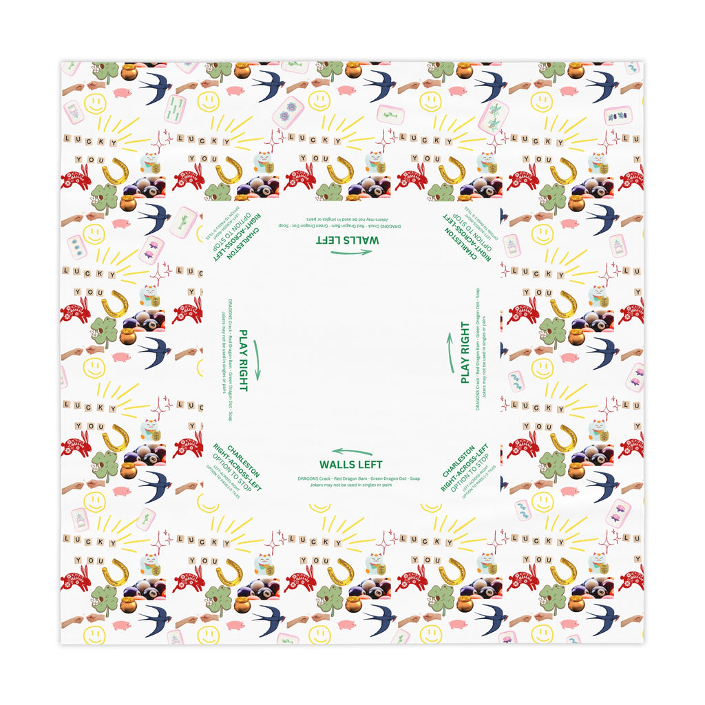Lucky You Mahjong Game Night Tablecloth, Hostess Gift,  Beginners Rules, Instructions, 55x55, Cat, Horseshoe, Four Leaf Clover, Wishbone