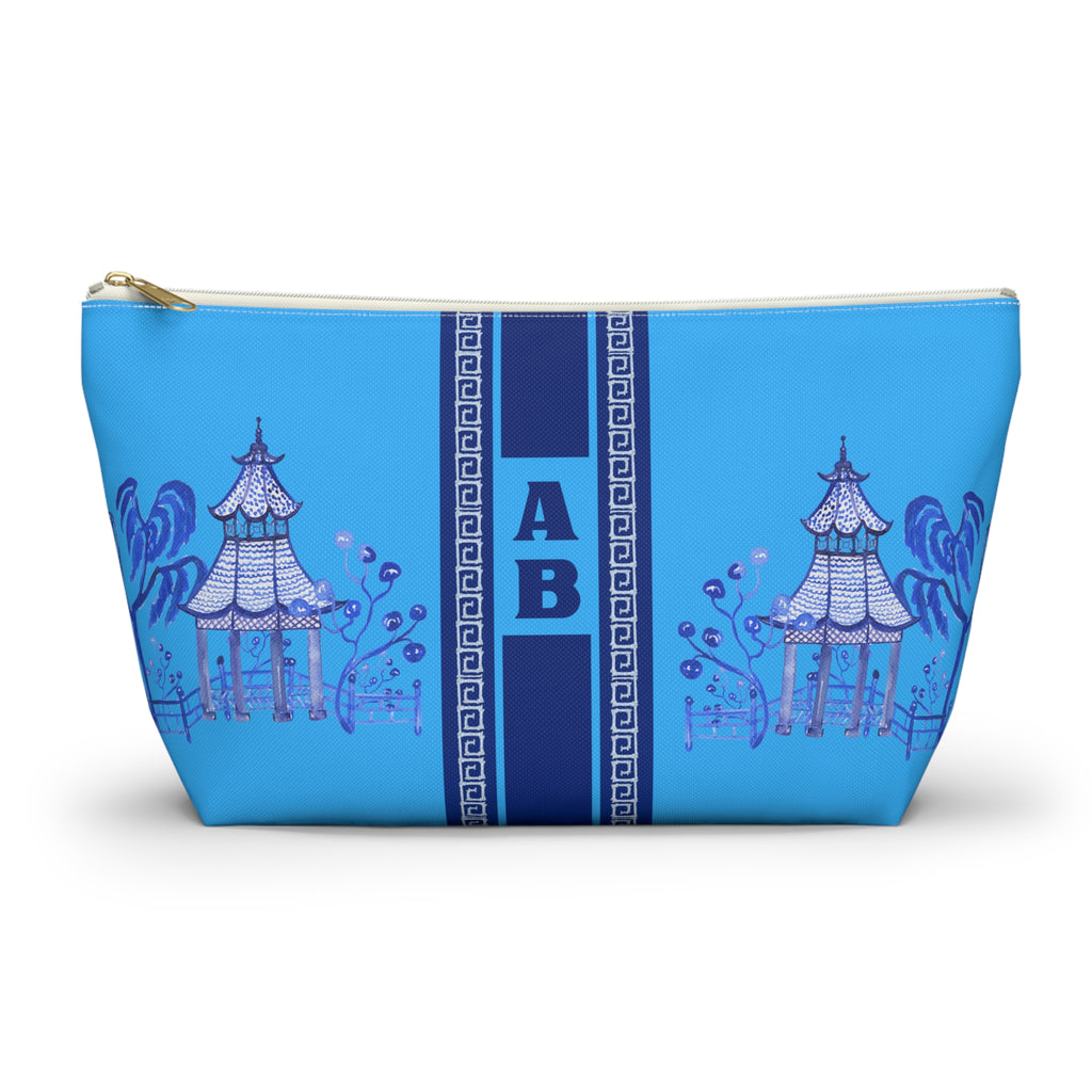 Monogrammed Blue Pagoda Mahjong Tile Bag: Chinoiserie Travel Pouch, Small and Large