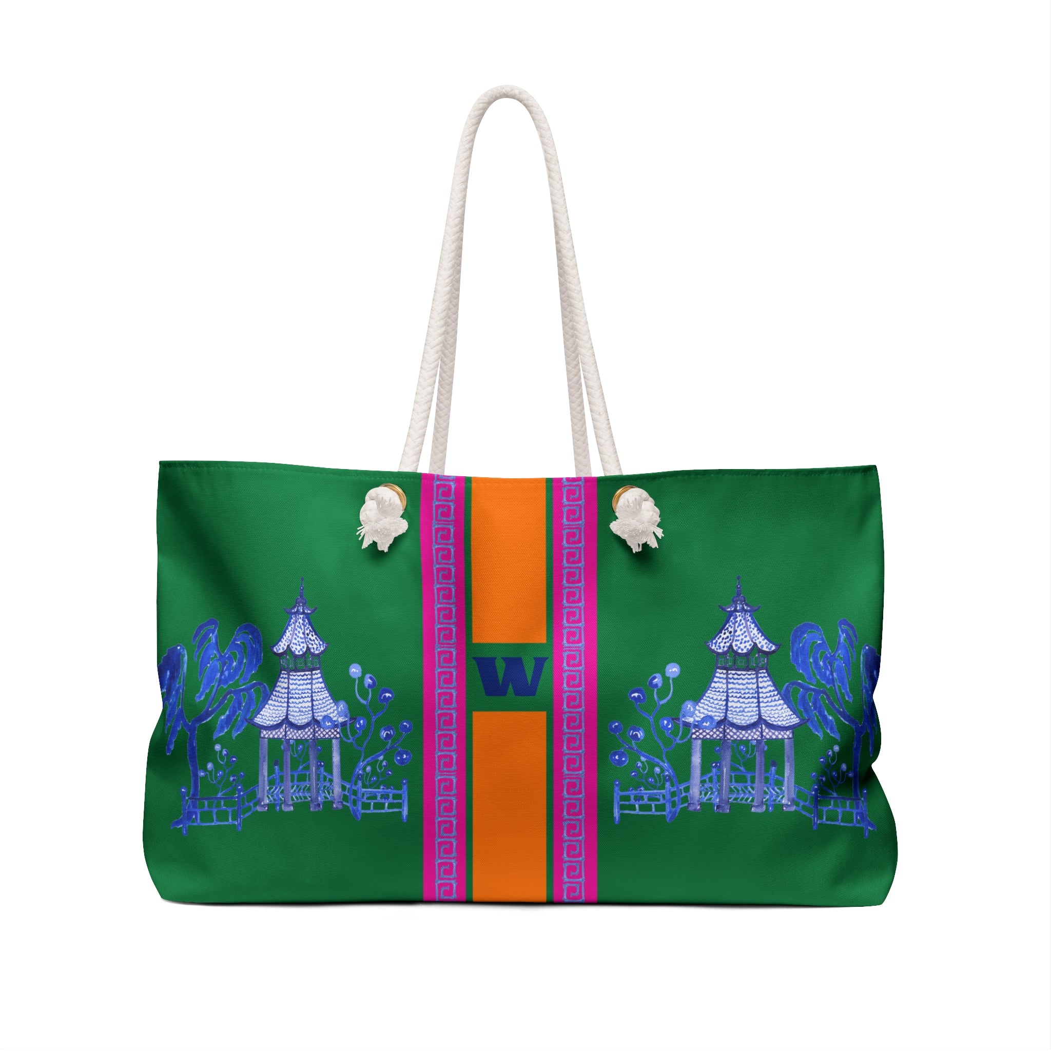 Monogrammed Blue Pagoda Green Chinoiserie Mahjong Tote Bag, Personalized Mahjong Gift, Maj Carry-All Travel Duffel