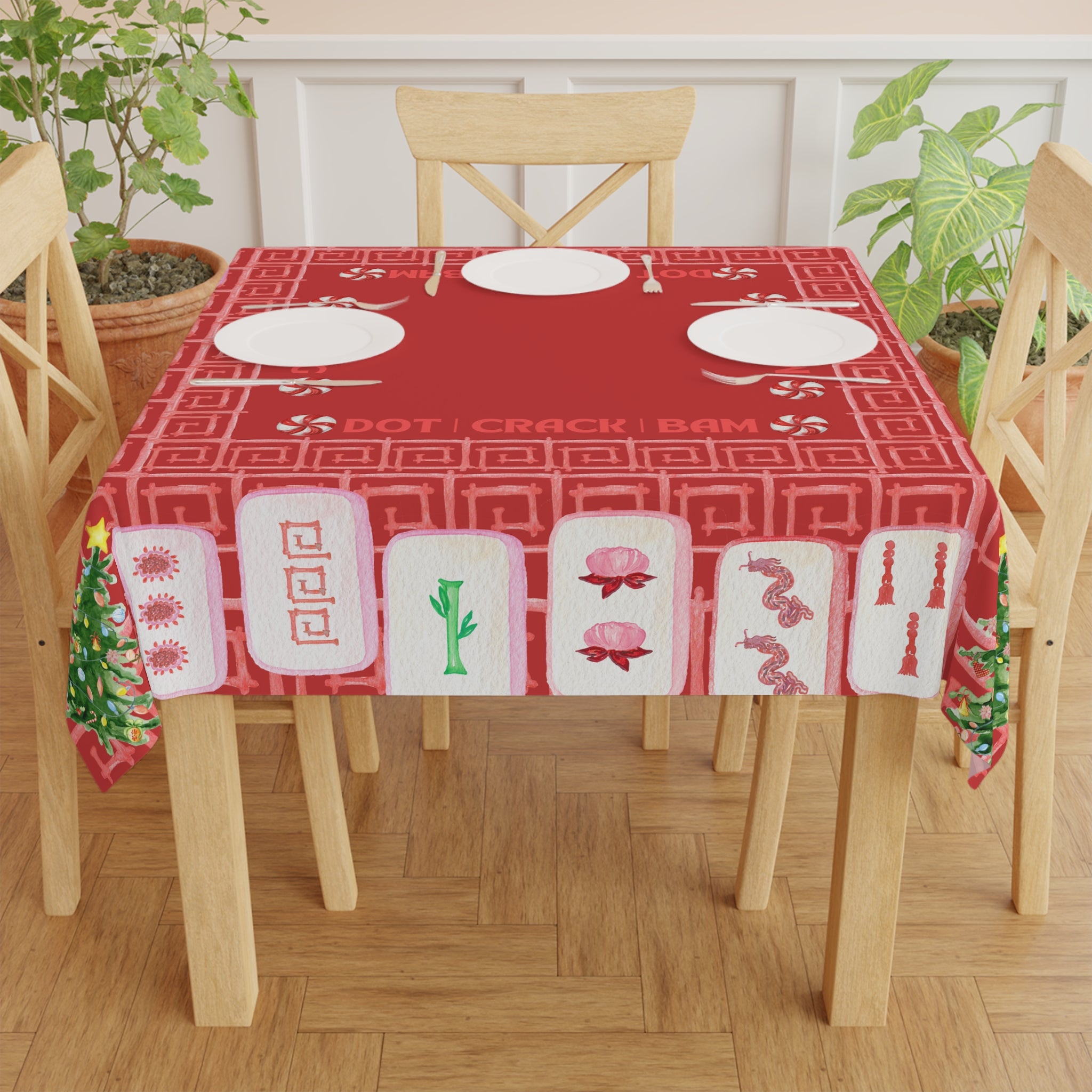 Christmas MAHJONG Tile Tablecloth, Size 55 x 55, Christmas Tree Peppermint Candy, Hostess Gift, Mahj Prize, Red Bamboo Table Cover