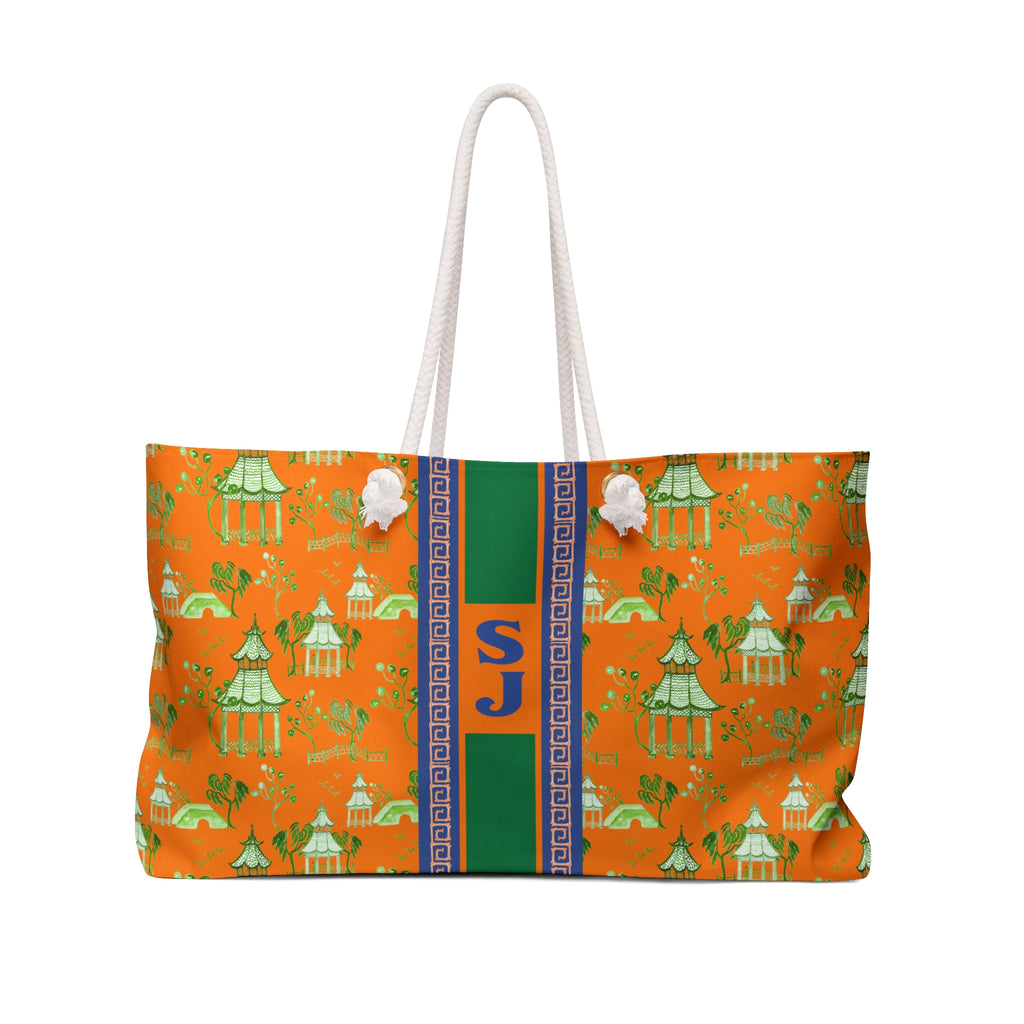 Monogrammed Orange Chinoiserie Mahjong Tote Bag: Personalized Mahjong Gift, Maj Carry-All Travel Duffel