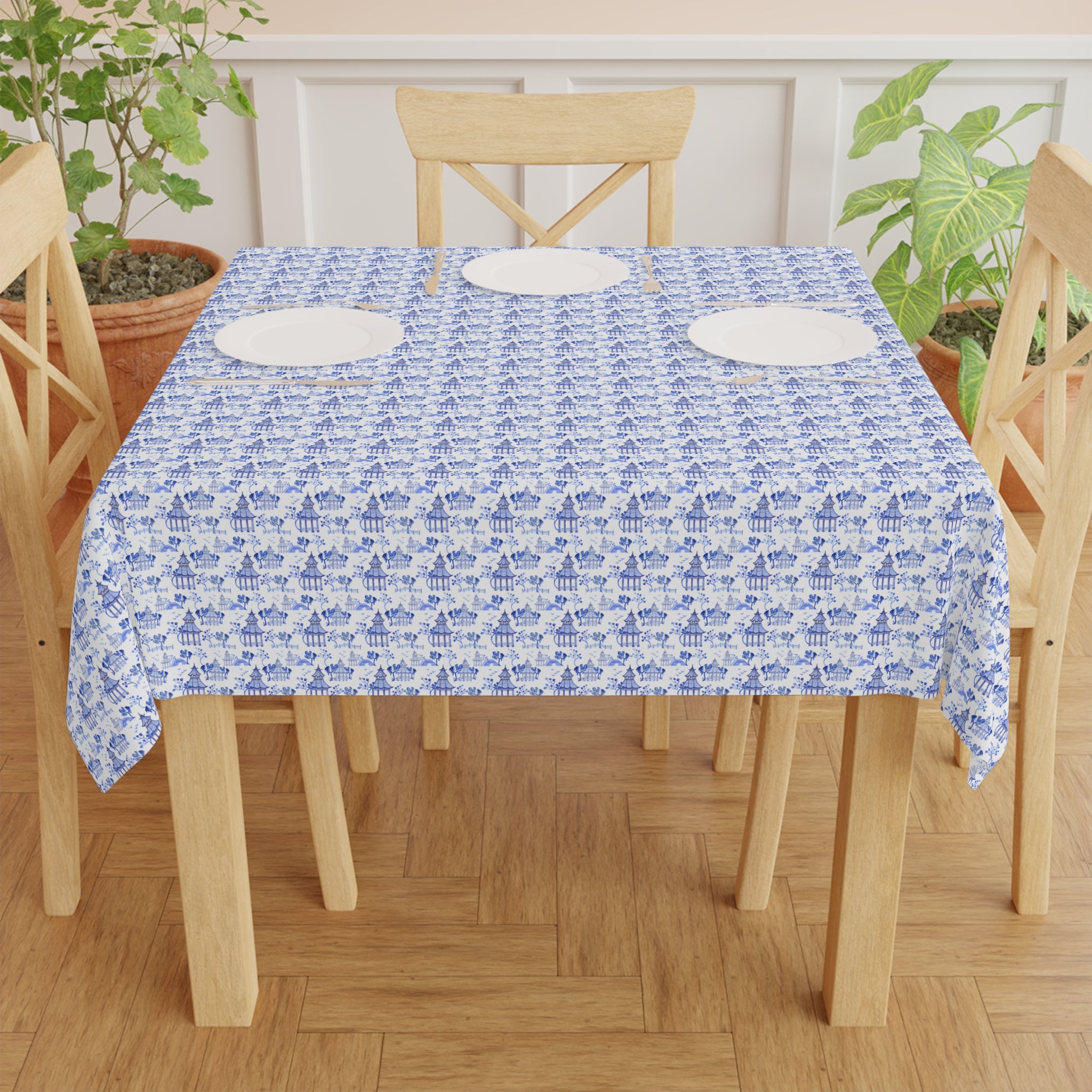 Blue Pagoda Tablecloth, Grandmillennial Table Cover, Hostess Gift